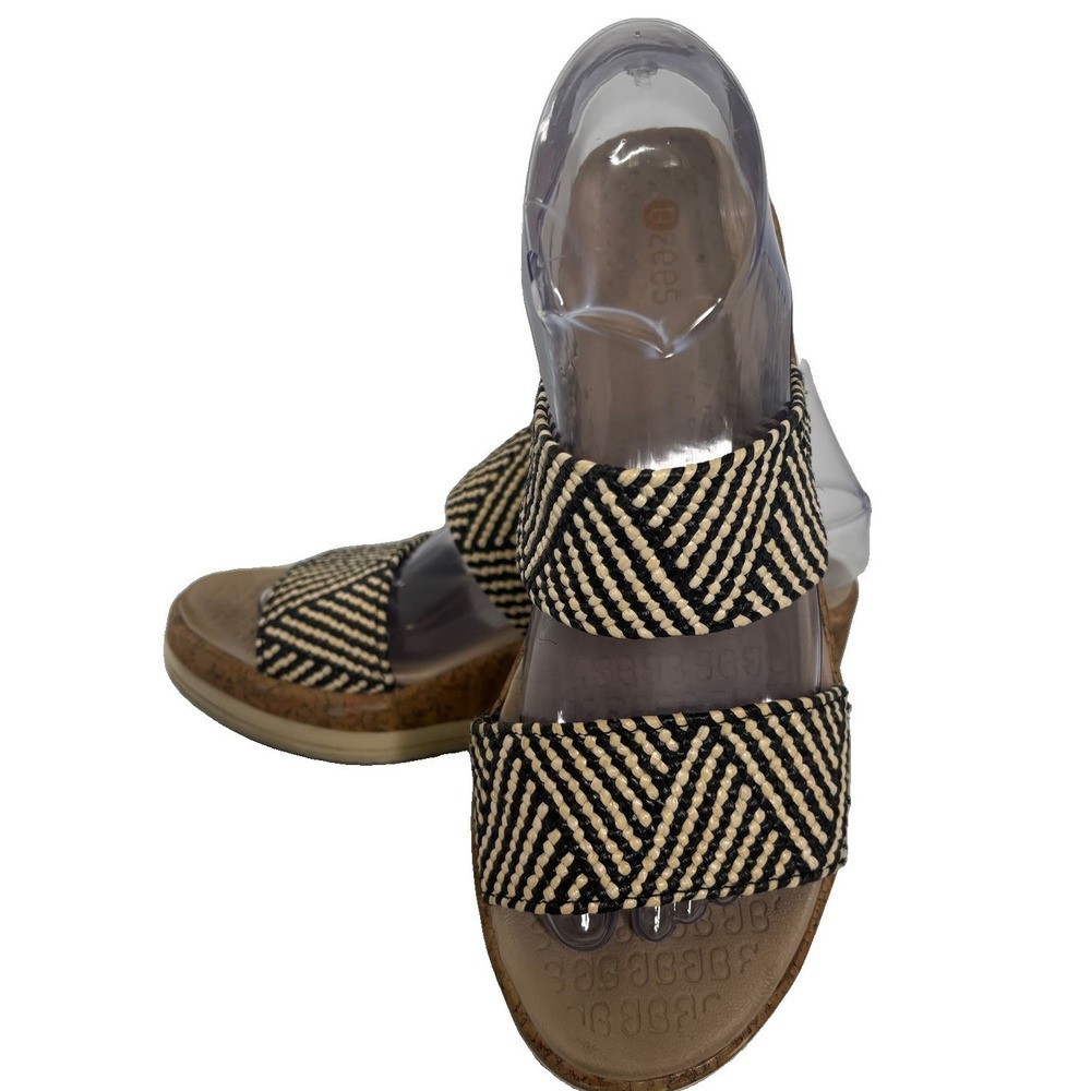 BZEE'S Lifestride Resort Raffia Cork Wedge Sandals 7.5 W Black Tan Slide Beachy